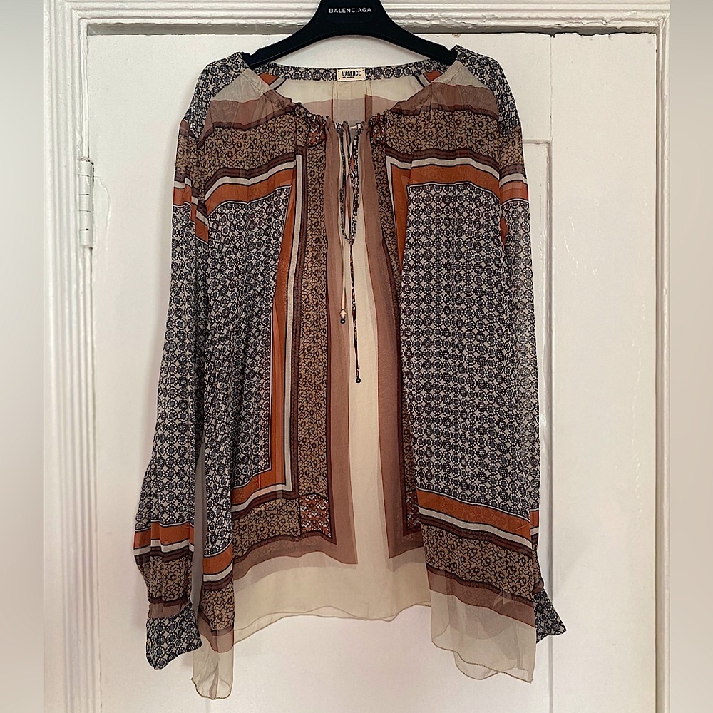 L’AGENCE silk scarf print top brown in SZ 8